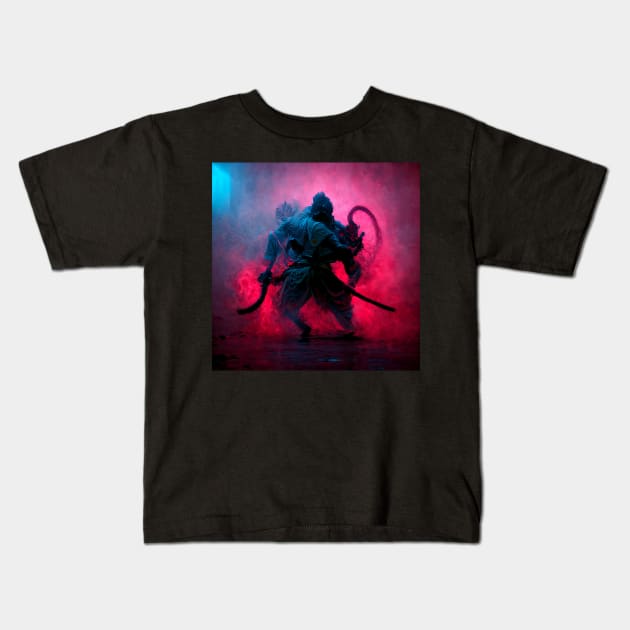 Samurai Neon Fight Kids T-Shirt by DarkAgeArt